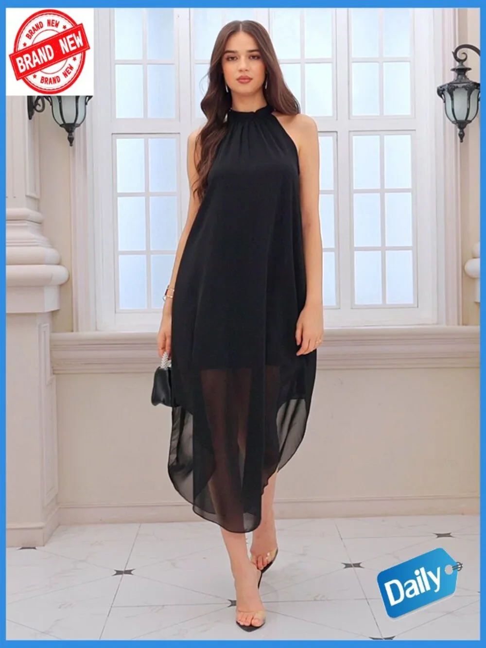 Women's Halter Flowy Chiffon Asymmetrical Maxi Dress